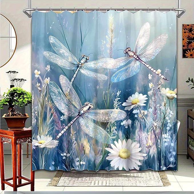 Dreamrflove Dragonfly Shower Curtain, 1-Pack Dragonfly Bathroom Shower Curtain, Blue Vintage Plant Flowers Fabric Bathroom Decoration, 72x72 Inch Waterproof Polyester Insulation Home Accessories