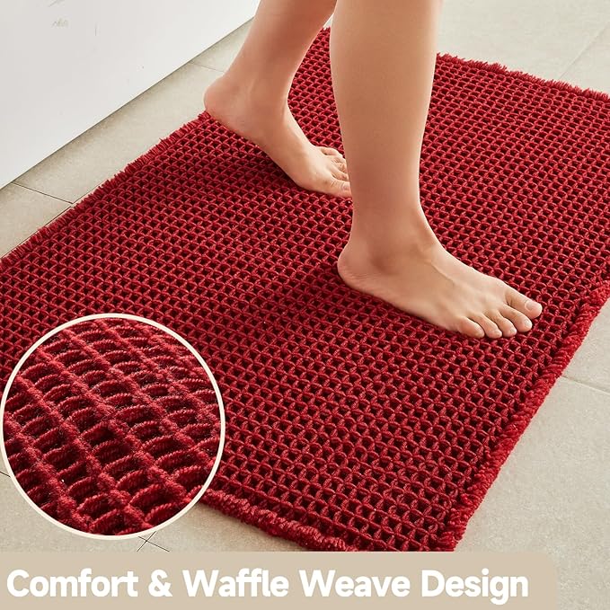 Waffle Bath Mat, Boho Bathroom Rugs Non Slip Washable Super Absorbent Quick Dry Bath Mat Farmhouse Bathroom Decor, 36"x24" Burgundy