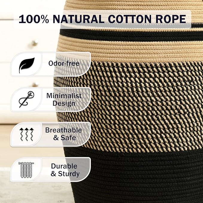 Fiona's magic 65L Cotton Rope Laundry Hamper, Large Woven Tall Laundry Basket for Storage Clothes and Toy in Bedroom, Living Room Organizing, Collapsible, Brown & Black