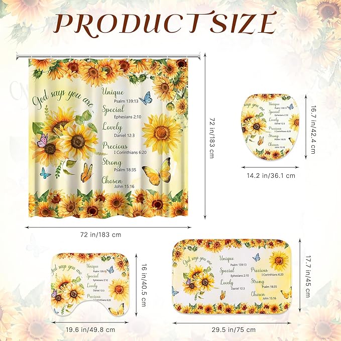 4 PCS Bathroom Shower Curtain Sets Sunflower Bathroom Set Yellow Shower Curtain with Rugs and Toilet Lid Cover Encouraging Bible Verse Floral Bathroom Decor Set Accessories