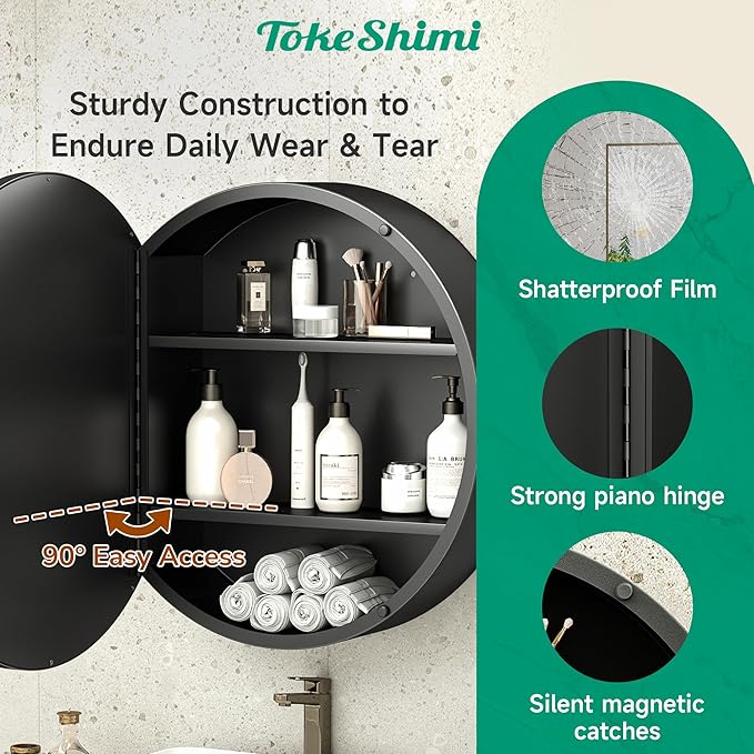 TokeShimi 30x30 Black Medicine Cabinet for Bathroom, Round Medicine Cabinet with Mirror Shatterproof, Removable Shelf, Surface Mount Only
