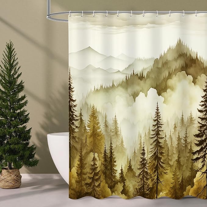 Yellow Long Misty Pine Forest Shower Curtain 72 x 78, Mountain Foggy Woodland Scenery Tree 78 Inch Long Shower Curtains for Bathroom, Abstract Waterproof Nature-Themed Decor