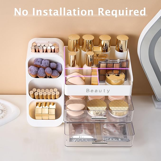 Makeup Organizer for Vanity with Brush Holder, Countertop Makeup organizer with Drawers for Skincare, Cosmetics, Perfumes, Eyeshadow Palettes, Spacious Cosmetic storage organizer