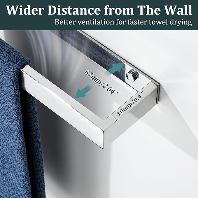 Sayayo Chrome Towel Bar for Bathroom, 12 Inch Hand Towel Holder Wall Mount, Screw or Self Adhesive Towel Ring Square SUS304 Stainless Steel, 3.2 Inch Wide