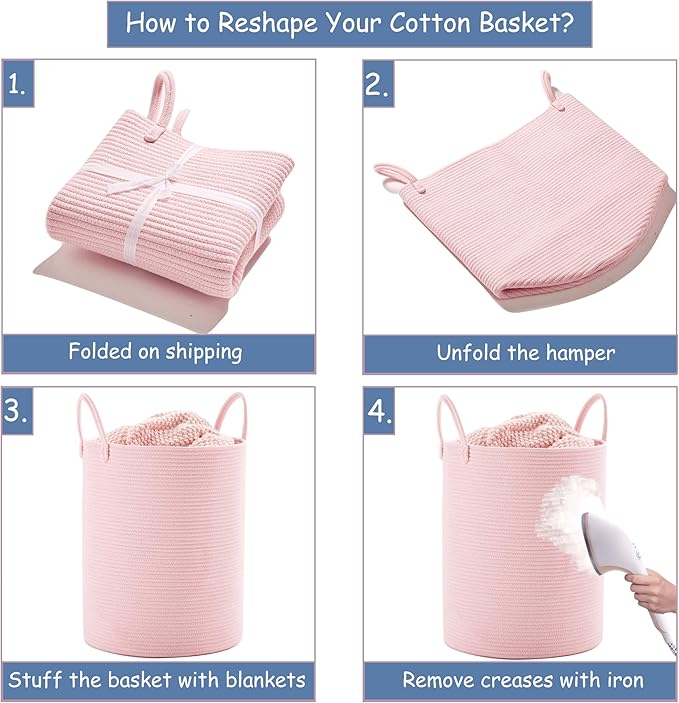 Large Pink Laundry Basket 15x20 Inches, 60L Woven Rope Hamper for Baby Girls and Kids, Nursery Storage Bin for Girls Room, Kawaii Bedroom Laundry Hamper