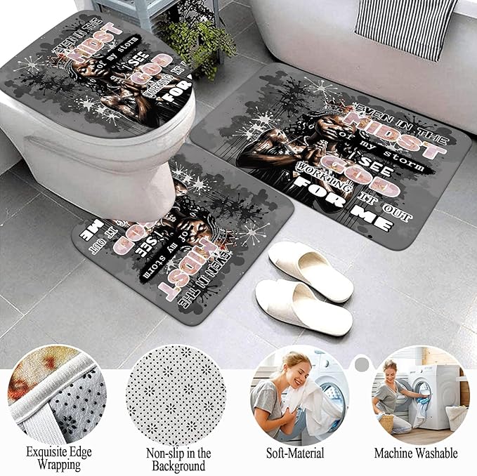 4 PCS Black Queen Shower Curtain Set with Waterproof Shower Curtain, Non-Slip Bath Mat, Absorbent Rug, Toilet Lid Cover, Inspirational Quote Afrcia American Black Woman Halloween Bathroom Decor Set