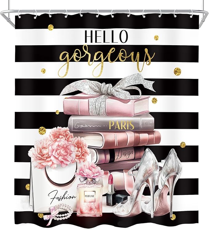 Cinbloo 4Pcs Pink Black Girls Bathroom Sets with Shower Curtain and Rugs, Fashion Flower Perfume Toilet Lid Cover, Bath Mat, Women Girly White Striped High Heels Books Shower Curtain with 12 Hooks