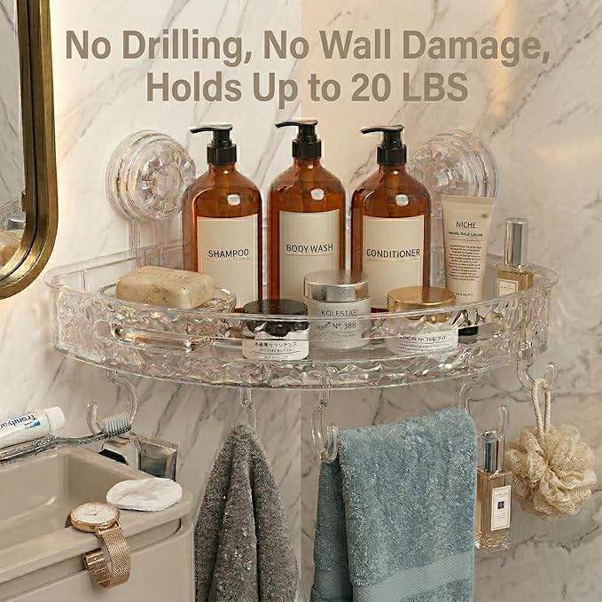 Corner Shower Caddy with Strong Suction Cups, No-Drill 90° Corner Shower Organizer with Hooks, Removable Wall Mounted Shelf for Tile, Glass & Metal (White/Clear)