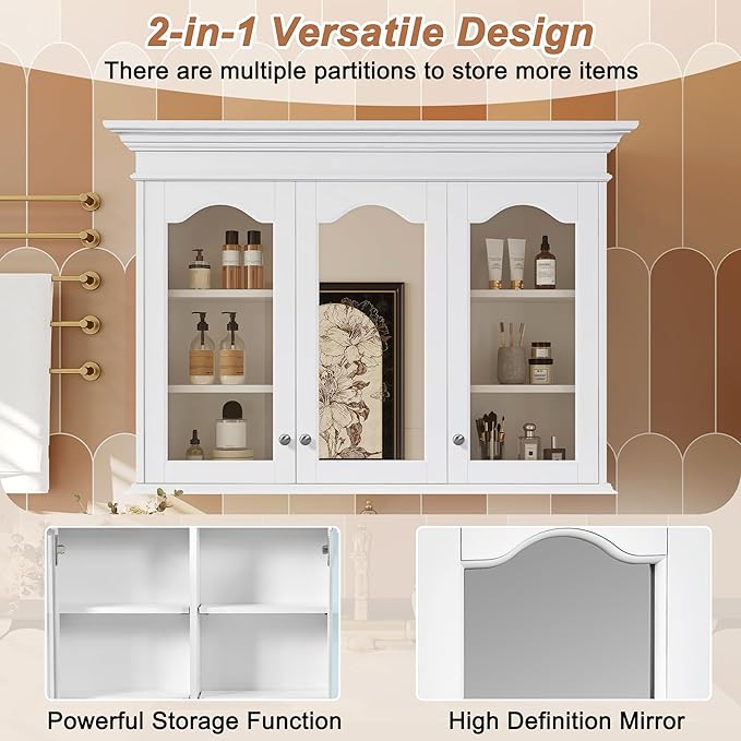 Merax Wall Mounted Bathroom Medicine Cabinet with Mirror, 40" x 28" Bathroom Wall Cabinet with Storage, Glass Doors and Adjustable Shelves, Mirrored Door Over The Toilet Storage Cabinet