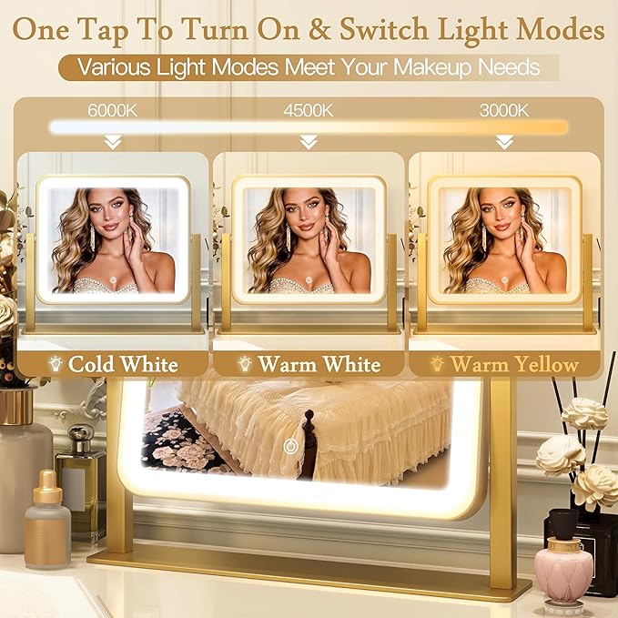 12" x14" Vanity Mirror with Light, LED Makeup Mirror with Lights, Small Gold Mirror with 360°Rotation, 3 Color Modes, Dimmable ＆ Memory Function, LED Mirror for Vanity Desk, Travel