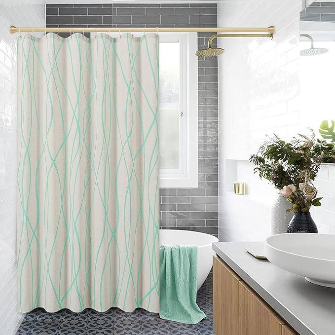 Mint Green Modern Farmhouse Linen Shower Curtain, Country Cottage Bathroom Decor Striped Minimal Boho Textured Linen Shower Curtain Set with Hooks, 72x72