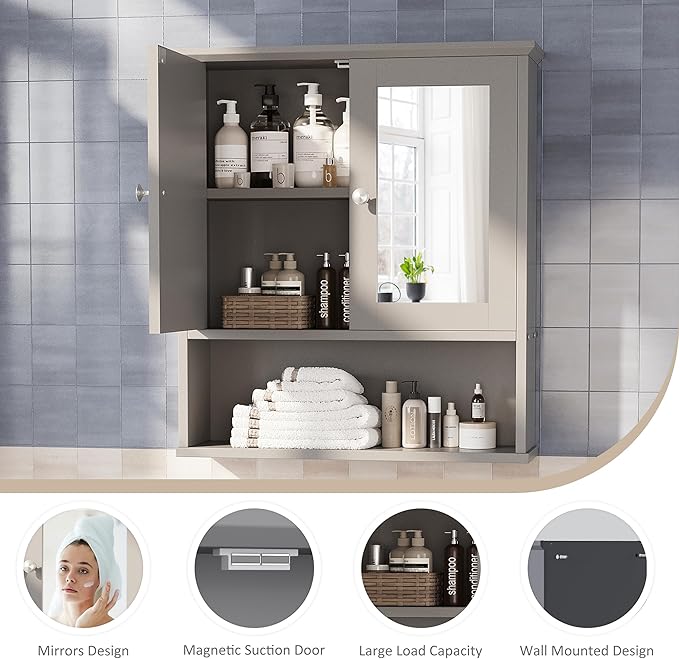 Meilocar Bathroom Wall Cabinet with Mirror, Bathroom Mirror Cabinet Wall Mounted, Over Toilet Medicine Cabinets with Adjustable Shelf, Large Capacity, Grey