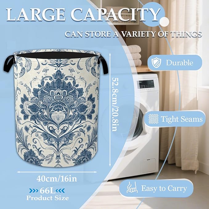 Vintage Blue Floral Laundry Basket Collapsible Laundry Hamper Clothes Toy Storage Bin for Bathroom Bedroom Room Decor 16" X 20.8"