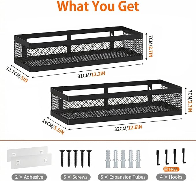 PUSDON Hanging Storage Baskets Organizer Wall Mount, Metal Wire Storage Bin Rack for Kitchen Bathroom Shower Spice Shelf Home Decor Essentials Black-2 Packs (Netting)