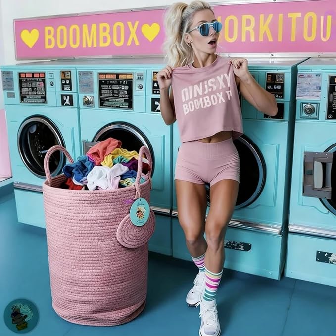 Modern Granny Large Cotton Rope Laundry Hamper 15x20 Inch Dual Secure Woven Handle for Living Room Closet Clothes Blanket Organization