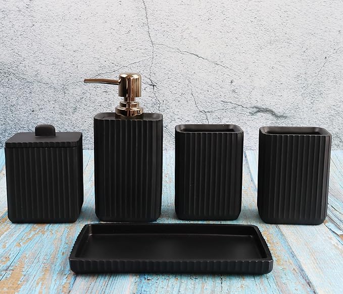 Hymmah Black Bathroom Accessories Set,Unique Design Bathroom Set 5 Pcs Resin Gift Set Apartment Necessities, Contain Cotton Swab Jar,Soap Dispenser,Soap Dish/Tray,Tumbler