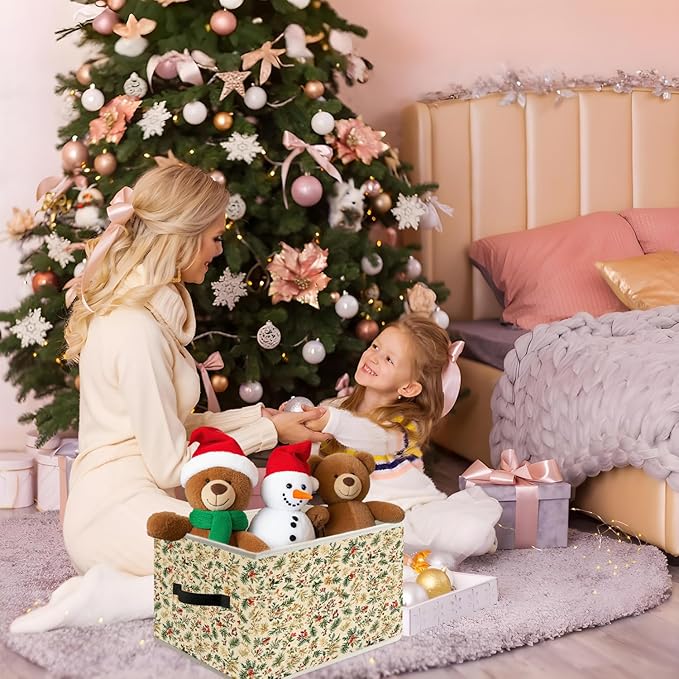 Christmas Floral Storage Bin Box with Handles, Rustic Holiday Floral Botanical Christmas Foldable Organizer Basket Toybox for Home Bedroom Bathroom Clothes Toys Books