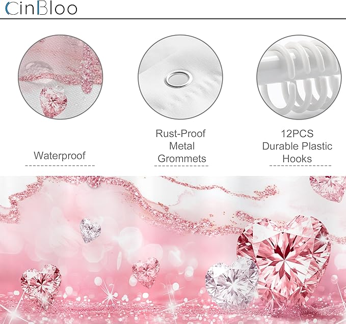 Cinbloo 4Pcs Pink Diamond Shower Curtain Set, Rose Gold Bling Modern Fashion Bathroom Curtain with Rug, Toilet Lid Cover, Bath Mat, Luxury Elegant Women Girls Shower Curtain with 12 Hooks