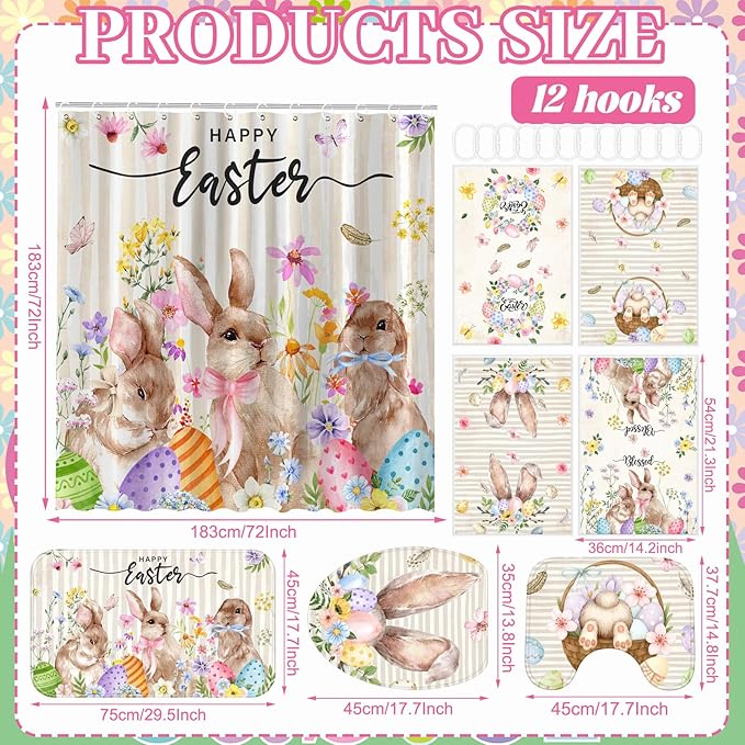 FuWeave 8 Pcs Happy Easter Shower Curtain Set for Bathroom Include Spring Floral Bunny Egg Shower Curtain Towels Non Slip Rugs Toilet Lid Cover Bath Mat and 12 Hooks for Bathroom Decor