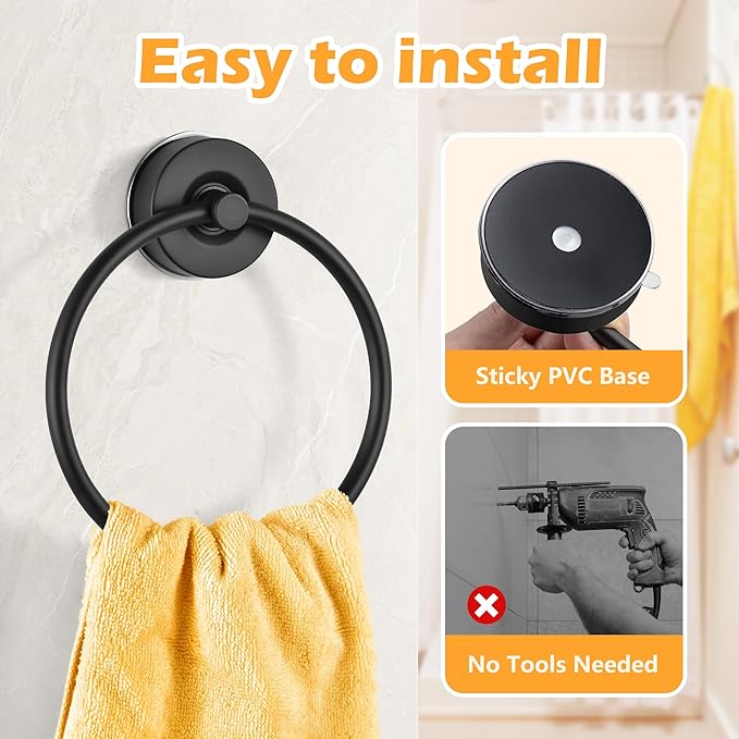 YOHOM Suction Cup Towel Ring Hand Towel Holder for Bathroom Vacuum Suction Washcloth Holder Dish Towel Hanger for Shower Wall No Drill Stainless Steel Matte Black, 1 PCS