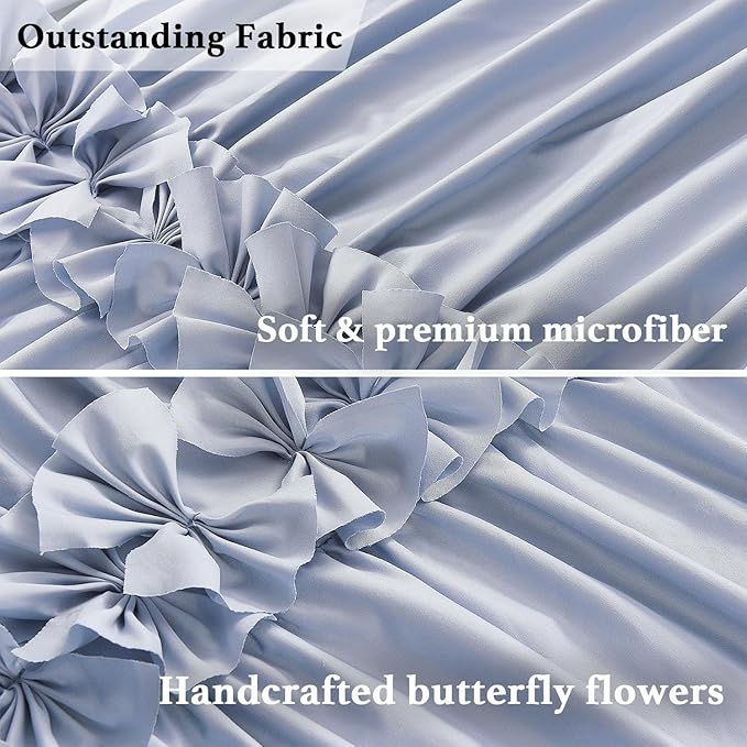 Fog Blue Ruffle Shower Curtain 72“ W x 84” H, Vintage Handcrafted Bow Tie Bath Curtain for Master Bathroom, Ruched Microfiber Bathroom Curtain with 12 Buttonholes (LQ-10)