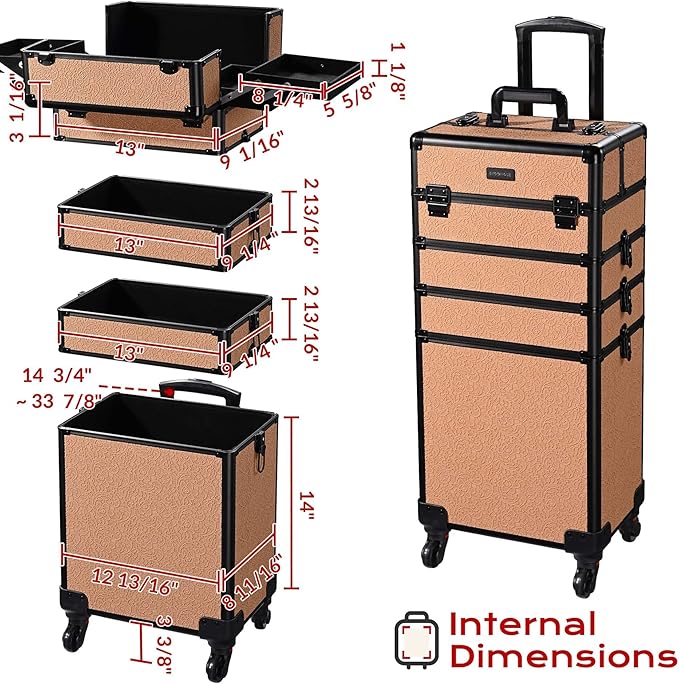 BYOOTIQUE 4in1 Cosmetology Rolling Case Nail Tech Storage Cart Makeup Torrley Travel Barber Suitcase False Eyelash Storage for Beauty Studio Nail Salon Wedding Make up Attist Manicurist,Rococo Coral