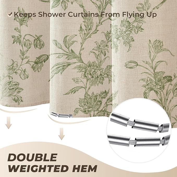 Sage Green Floral Vintage Linen Shower Curtain, French Country Cottagecore Shower Curtains for Bathroom