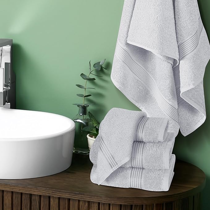 Elvana Home Ultra Soft 6 Pack Cotton Towel Set, Contains 2 Bath Towels 28x55 inch, 2 Hand Towels 16x24 inch & 2 Wash Coths 12x12 inch, Ideal for Everyday use, Compact & Lightweight - Light Grey