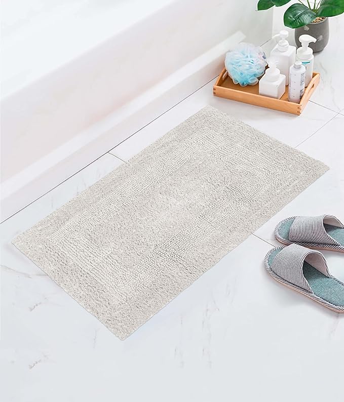 COTTON CRAFT Luxurious Bath Mat Rug - Set of 2 Reversible Heavyweight Step Out Bath Mats for Bathroom Floor, Tub and Shower - Pure Cotton Soft Plush Absorbent Tufted Racetrack Mat - 17 x 24 - Platinum