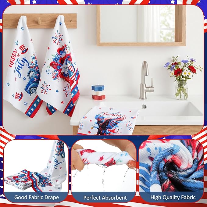 FuWeave 8 Pcs 4th of July Shower Curtain Set for Patriotic Bathroom Decor Include Red White and Blue Gnomes American Flag Shower Curtain Towels Non Slip Rugs Toilet Lid Cover Bath Mat and 12 Hooks