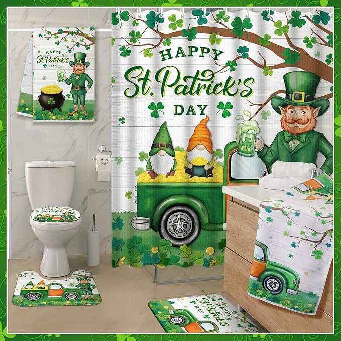 Nuanchu 6 Pcs St. Patrick's Day Shower Curtain Set with Rug Green Shamrock Clover Bathroom Sets with Shower Curtain Bath Mat U Shaped Mat Toilet Lid Cover 2 Bath Towels and 12 Hooks Bathroom Decor