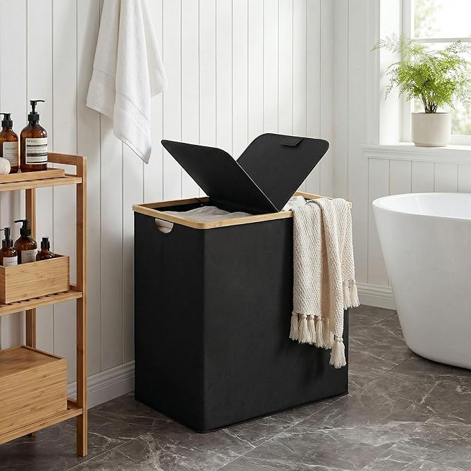 efluky Laundry Hamper with Lid, Double Laundry Hamper with 2 Removable Bags, 2 Section Laundry Basket with Bamboo Handles for Bathroom, Bedroom & Laundry Room, 140L (36.9 Gallon) Black
