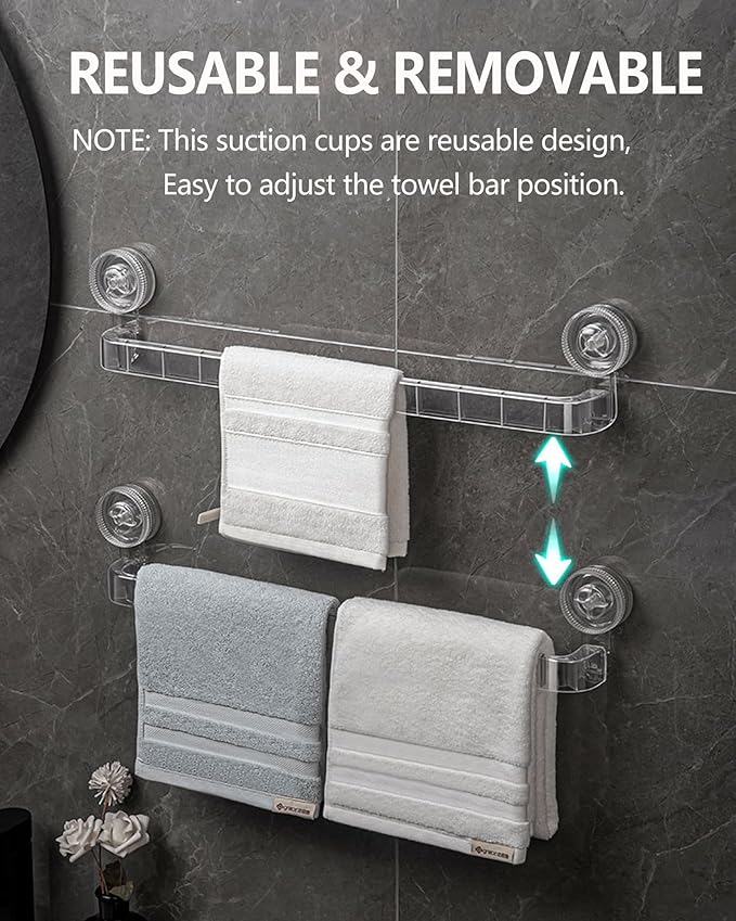 Clear Suction Cup Towel Bar - 21.5 Inch Removable No Drill Suction Towel Bar with Strong Suction & Reusable Adhesive Suction Towel Rack for Shower Bathroom Kitchen