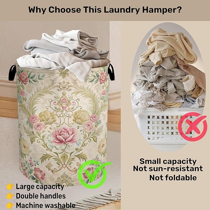 Shabby Chic Rose Laundry Basket with Handles - Extra Large Foldable Hamper for Bathroom/Laundry/Bedroom/Dorm, Washable Fabric Storage Bin