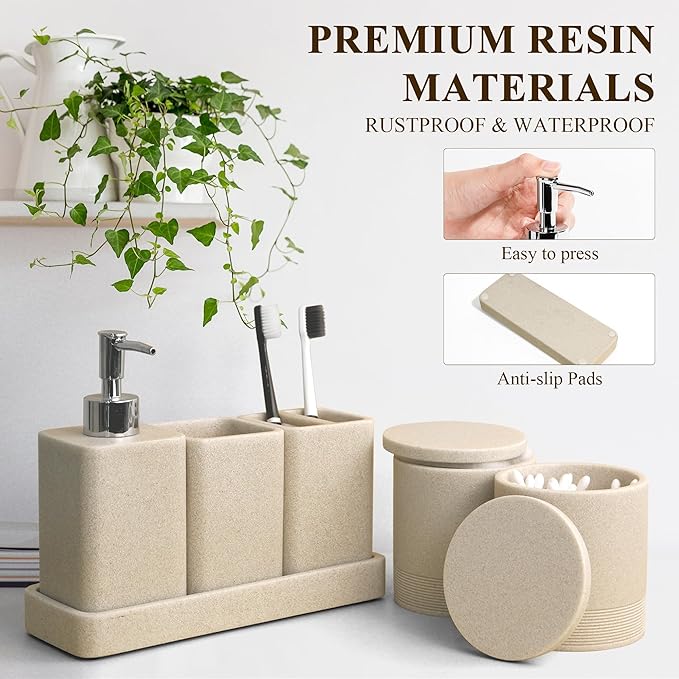 YMXYJM Bathroom Accessories Set, 6 Piece Bathroom Set with Toothbrush Holders, Soap Dispenser, Vanity Tray, Tumbler, Cotton Swab Jars, Bathroom Organizer，Bathroom Sink Sets, Stone Beige