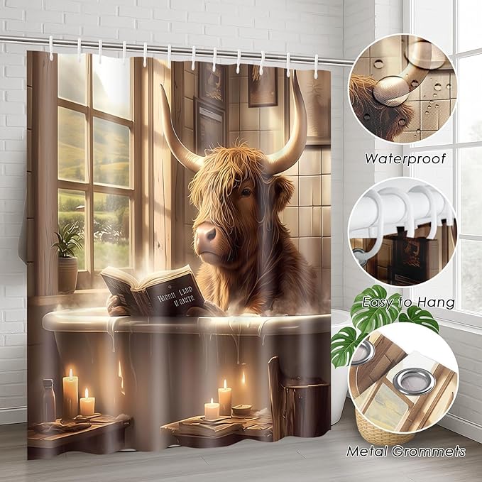 Highland Cattle Cow Shower Curtain Set with Toilet Lid Cover and Non-Slip Rugs, Funny 4 Pcs Shower Curtain with 12 Hooks, Farmhouse Bathroom Set with Rugs and Accessories