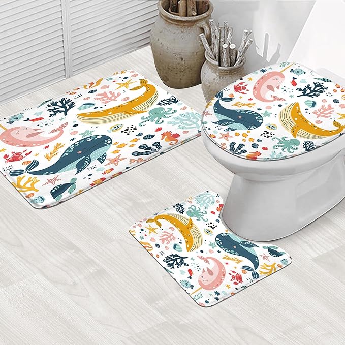 LGhtyro 4PCS Kids Whale 71Wx71H Inches Underwater Fish for Girls Ocean Sealife Shower Curtain Sets with Rugs, Toilet Lid Cover and Bath Mat, Cute Bath Accessories Art Home Decor Fabric 12 Pack Hooks