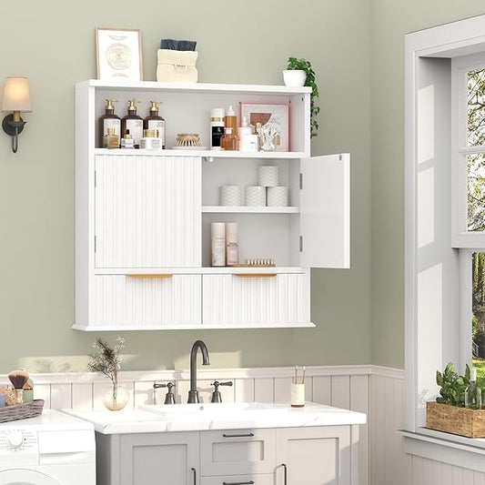 Fluted Bathroom Wall Cabinet with Drawers, Wooden Medicine Cabinet Organizer Over The Toilet, Wall Mounted Storage Cabinet with Open Shelf for Bathroom, Kitchen, and Laundry Room (White)