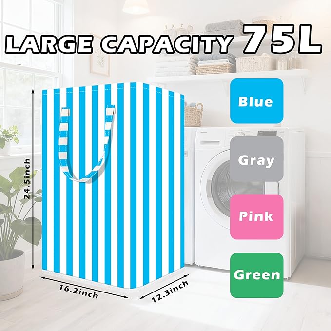 Large Laundry Basket ，75L Waterproof,Collapsible Laundry Hamper with Extended Handles for Clothes in the Family Dorm (Vertical Stripe Green，Blue，Grey，Pink)