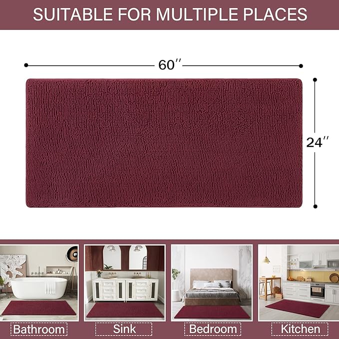 LOCHAS Luxury Bathroom Rug Shaggy Bath Mat 24 x 60 Inch, Washable Non Slip Bath Rugs for Bathroom Shower, Soft Plush Chenille Absorbent Carpets Mats, Burgundy