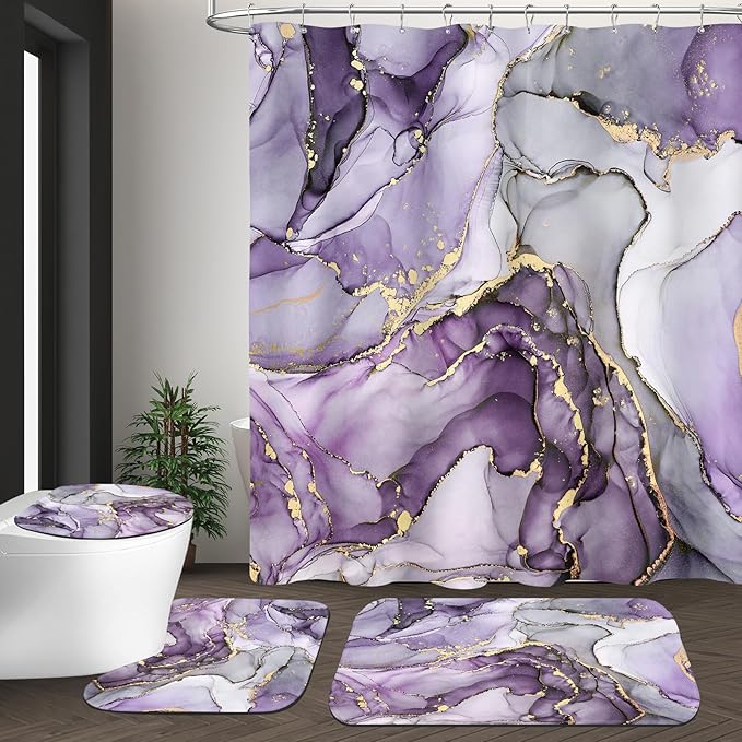 4PCS Purple Gold Marble Bathroom Sets with Shower Curtain and Rugs, Abstract Gold Shower Curtain Sets with Rugs, Modern Bathroom Curtains Shower Set with Toilet Lid Cover