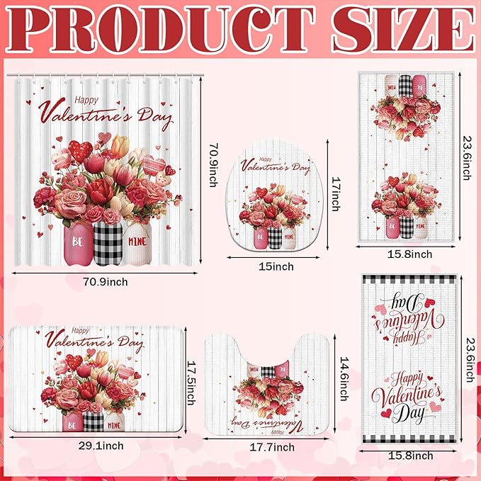 Nuanchu 6 Pcs Valentines Day Shower Curtain Set with Rug Bathroom Sets with Shower Curtain Bath Mat U Shaped Mat Toilet Lid Cover 2 Bath Towels and 12 Hooks Valentines Day Rose Heart Bathroom Decor