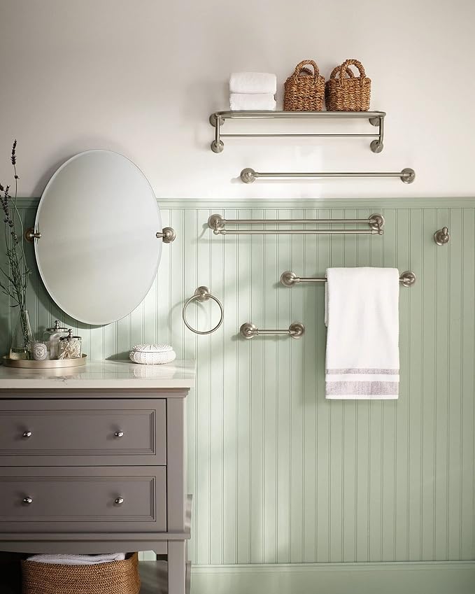 Moen Sage Collection Spot Resist Brushed Nickel 24-Inch Double Bathroom Towel Bar, Wall Mounted Bath Hanger with Two Rods, DN6822BN