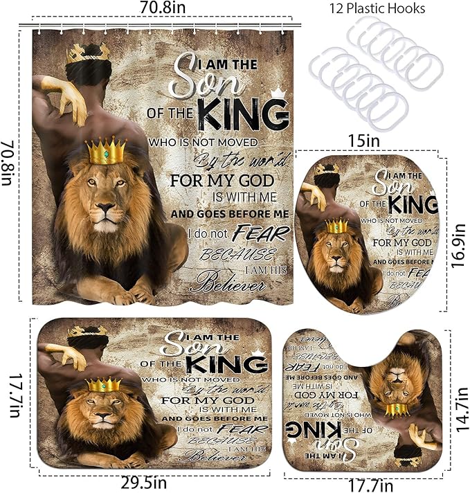 4Pcs Lion King Shower Curtain Set, Inspirational Black Man Bathroom Decor Shower Curtains and Rugs Toilet Lid Cover Bath Mat, Waterproof Africa American Halloween Shower Curtain for Man