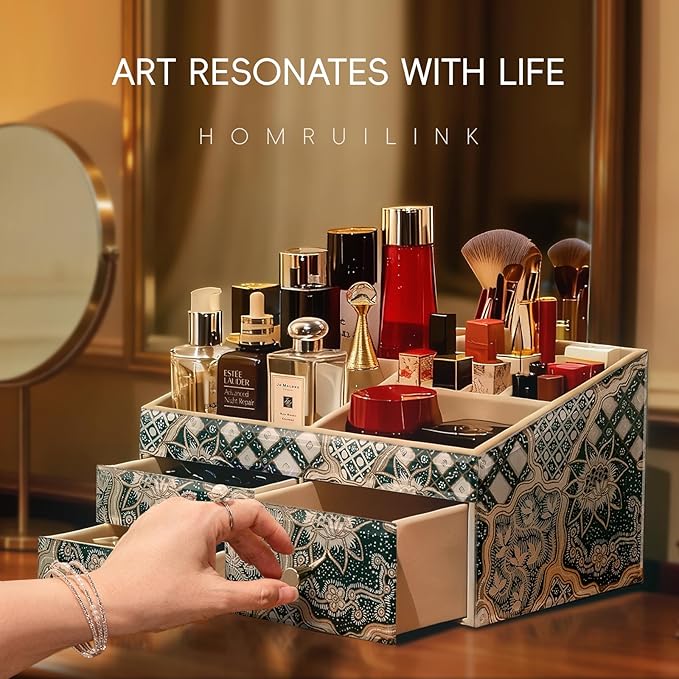 Glass Makeup Organizer for Vanity - Vanity Case with Drawers & Velvet Lining, Countertop Organizer for Lipstick, Brushes, Skincare, Perfume - Valentine's Day Gifts for Women