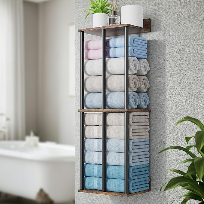 Towel Racks for Bathroom Wall Mounted, Upgraded Bathroom Towel Holder Bath Storage Rack for Rolled Towel, Small Towels, Folded Towels, Rustic Organizer Rack with Shelf