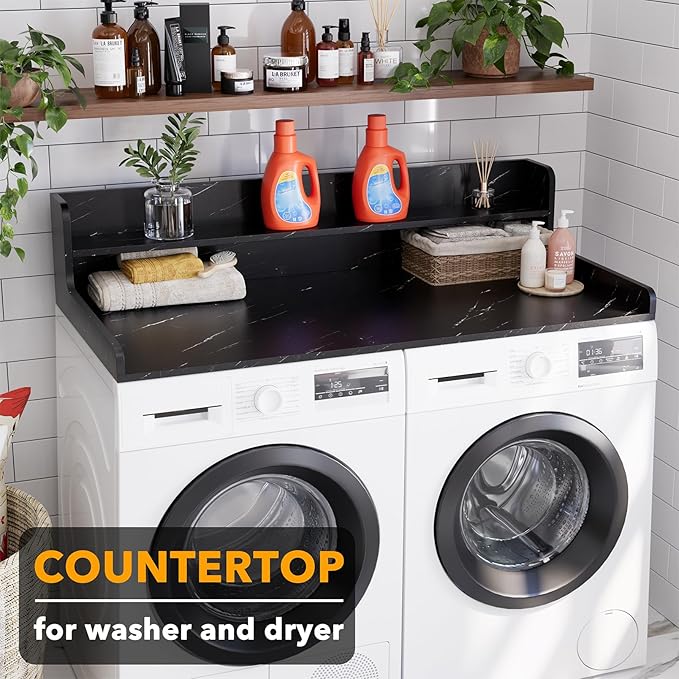 SpaceAid Washer Dryer Countertop with 2-Tier Shelf, Wood Topper with Edge, 54" Width x 27.5" Depth Cover Organizer Guard for Washer and Dryer Counter Laundry Hamper Storage (Black Marble)