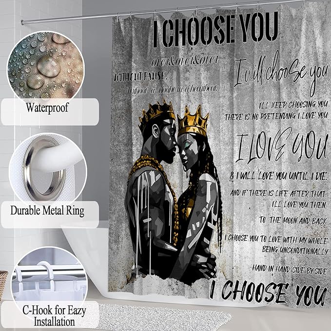 4pcs Romantic Couples Shower Curtain and Rugs Toilet Lid Cover Bath Mat, Full in Love Black Man Women Shower Curtain Set with Hooks, Black King Queen Valentine's Day Bathroom Decor Set