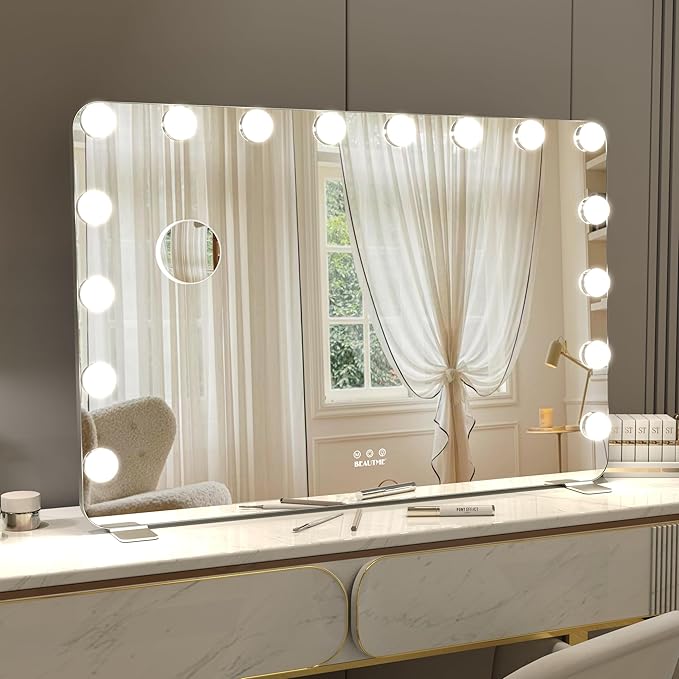 BEAUTME Large Vanity Mirror with Lights, 36''×24'' Makeup Mirror, Light up Mirror with 16 Dimmable LED Bulbs and 3 Color Lighting Modes, Tabletop or Wall Mounted, Silver