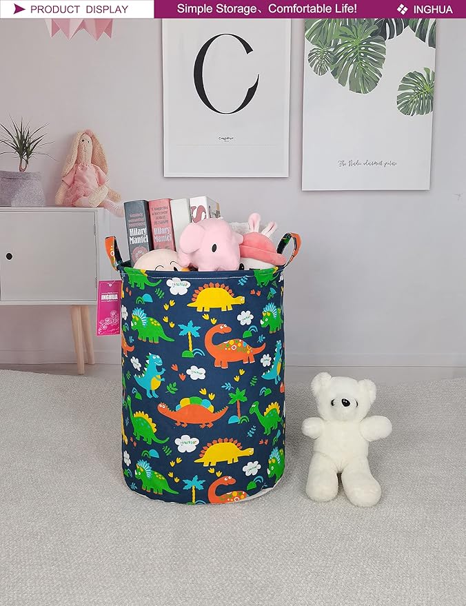 Laundry Hamper Large Canvas Fabric Lightweight Storage Basket/Toy Organizer/Dirty Clothes Collapsible Waterproof for College Dorms, Boys and Girls Bedroom,Bathroom (Forest Dinosaurs)